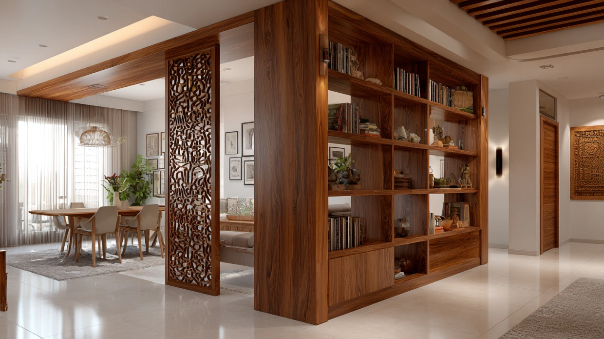 Wooden partition with shelves dividing the living dining
