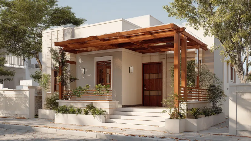 Low cost normal house front elevation with wooden pergola