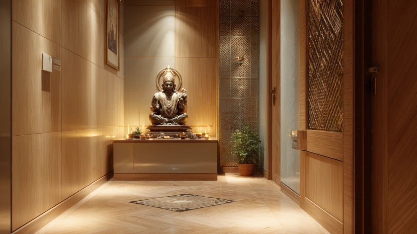 wooden tiles bringing warmth to elegant pooja room tile designs