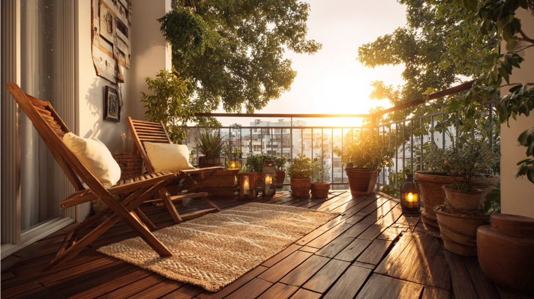 Wooden rustic balcony sitout with jute rug