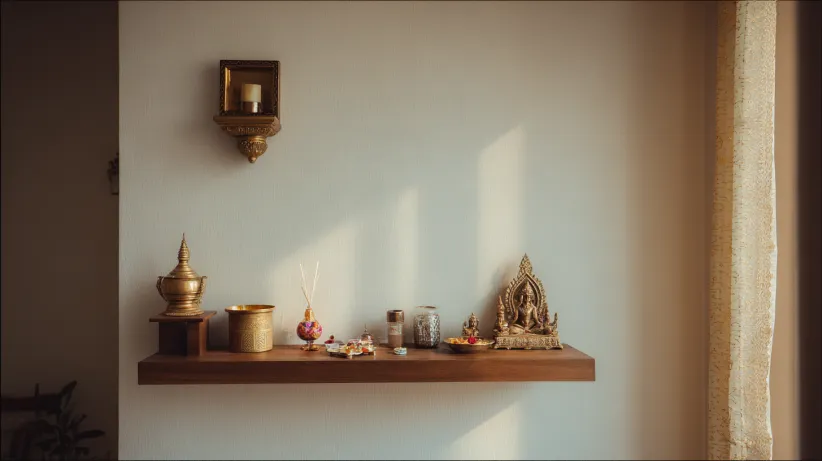wooden shelf with minimalist design for modern pooja room interiors