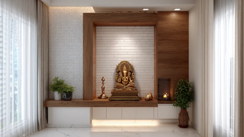 wooden shelving accent wall styled in modern pooja mandir designs for home