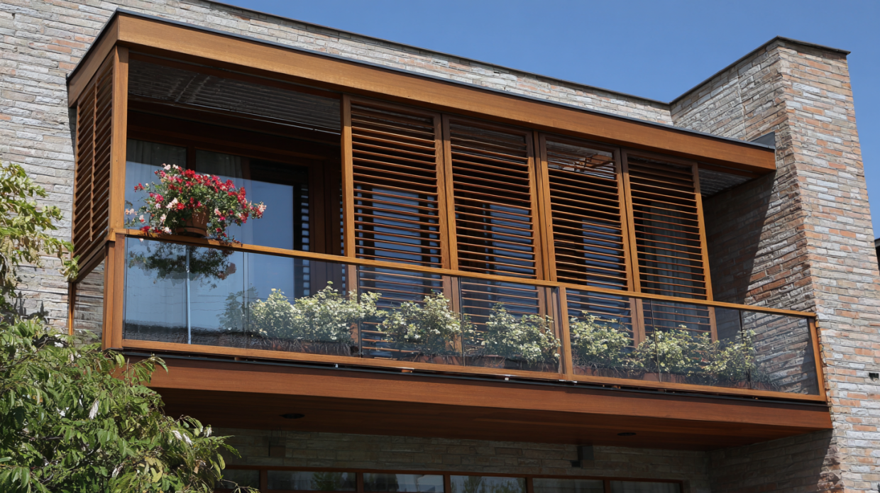 Wooden Shutters with Glass Balconies Design for the Balcony Railing Glass Design