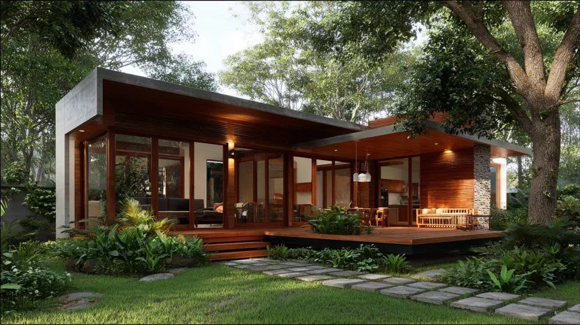 Modern one-story wood and glass house nestled in a lush green forest
