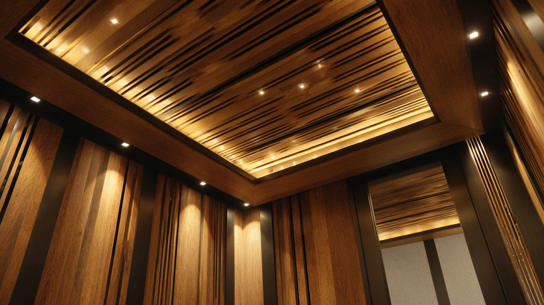 Lift ceiling featuring parallel warm-toned wooden slats and LEDs