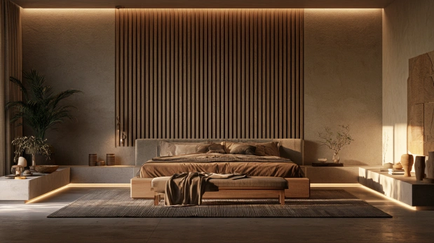 Wooden slatted bedroom headboard