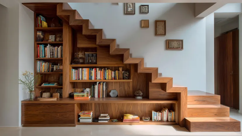 Wooden Staircase Design with Bookshelves