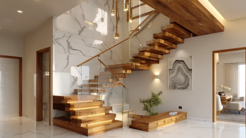Wooden Staircase Design with Glass
