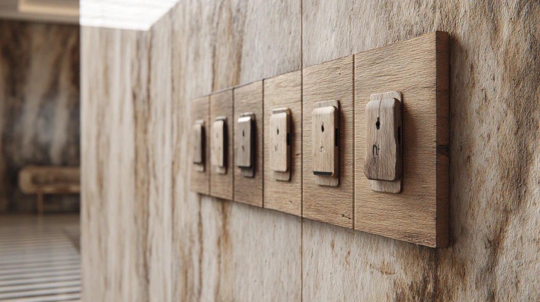 Minimalist modular wooden switchboard with integrated tactile switches
