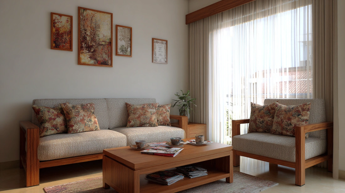 Wooden tea table with shelf in Indian living room