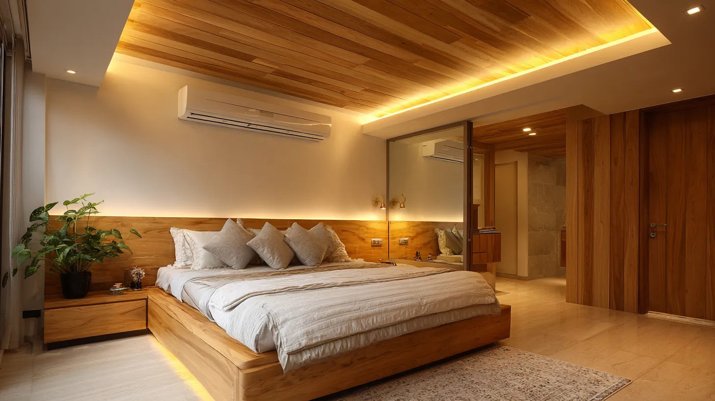 wooden touch pop ceiling design for warm and elegant bedroom interiors