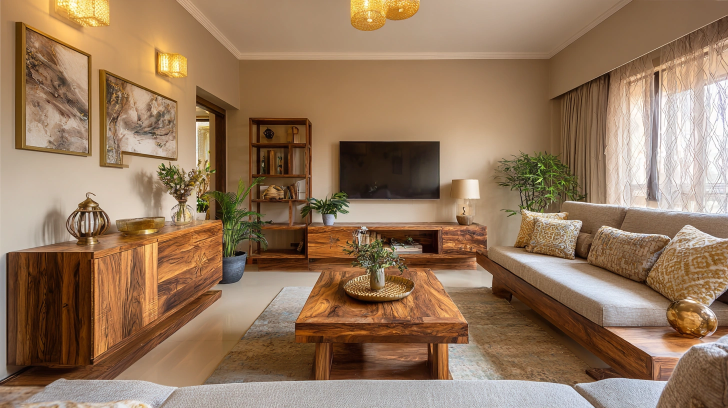 Traditional living room showcasing rich handcrafted wood details