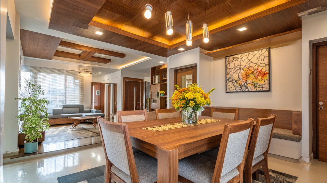 Elegant dining room featuring a rich wooden tray ceiling