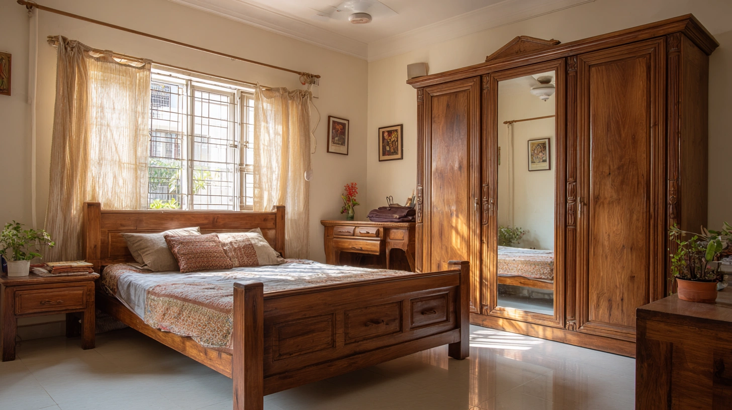 Master bedroom showcasing wooden wardrobe with mirror panels