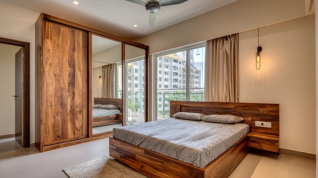 Minimalist wood veneer wardrobe mounting a vertical mirror