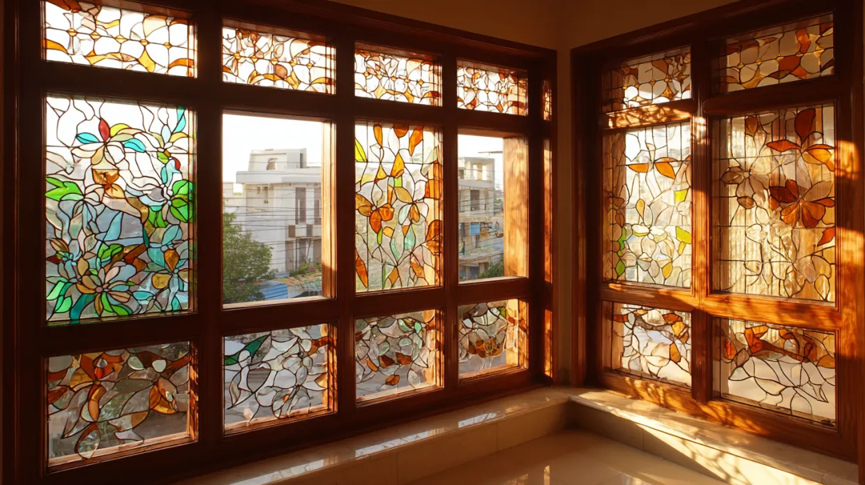 wooden window frame with clear glass panes and classic design