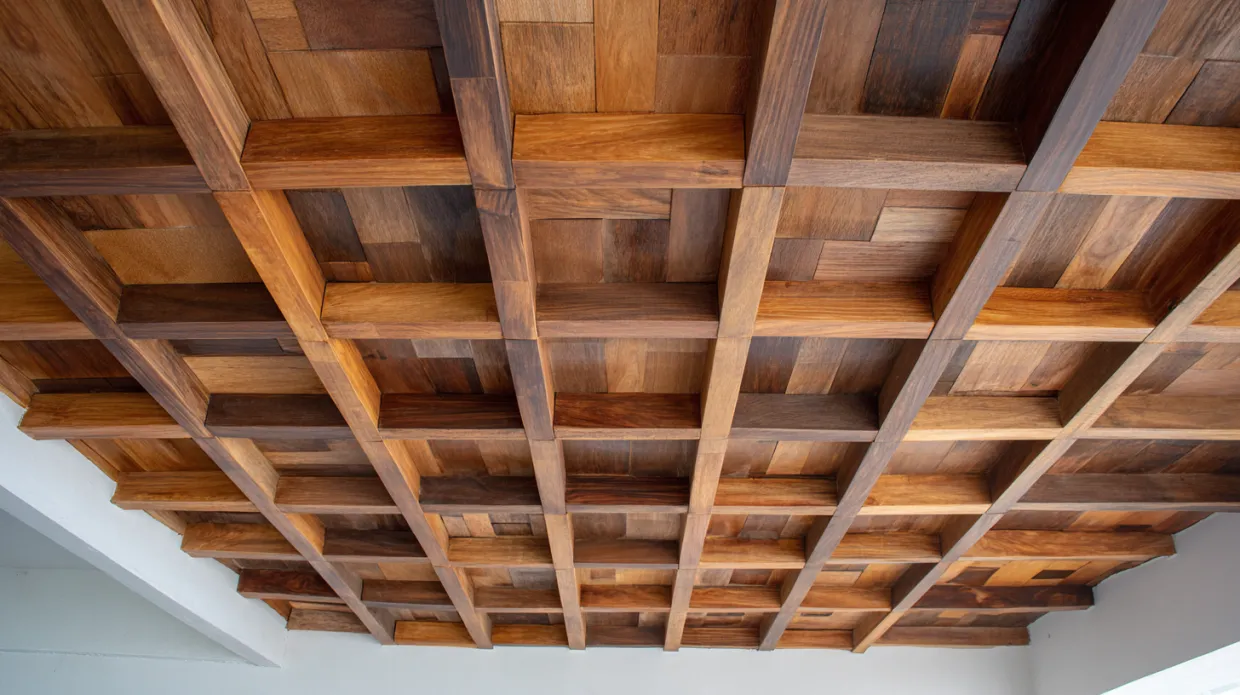  wooden false ceiling panels with natural grain and warm-toned lighting