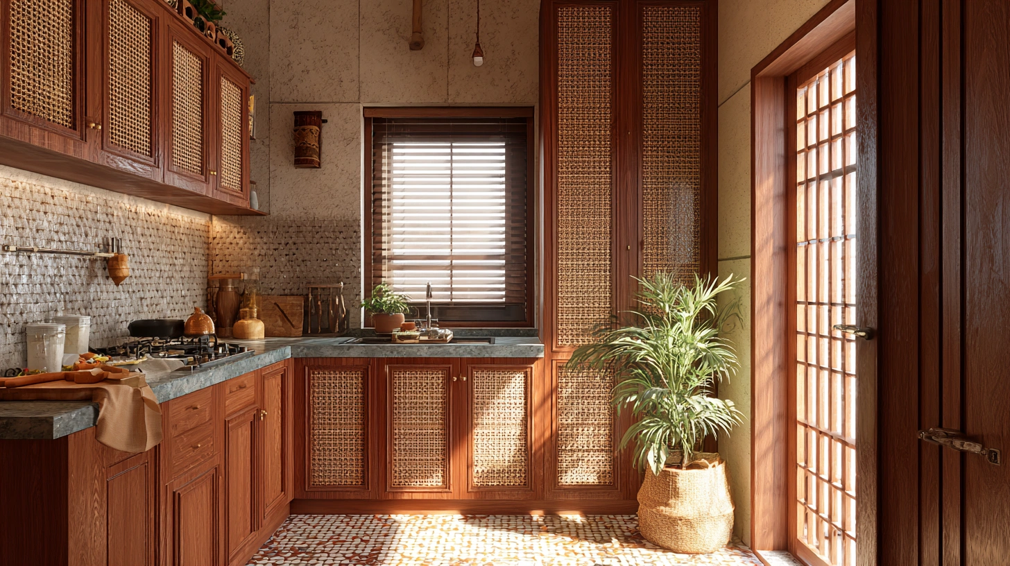 Cane woven shutters in cozy Indian fusion style kitchen