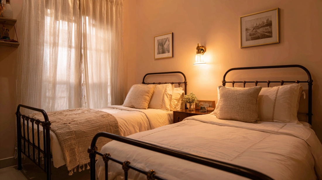 Wrought iron twin beds in small parallel layout