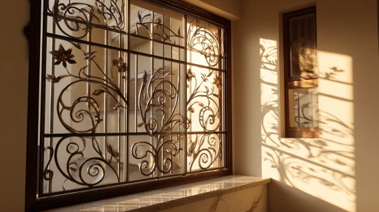 wrought iron detailing featured in an elegant window grill design