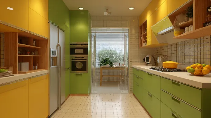 vibrant kitchen with yellow and green cabinet colour combination and modern finishes