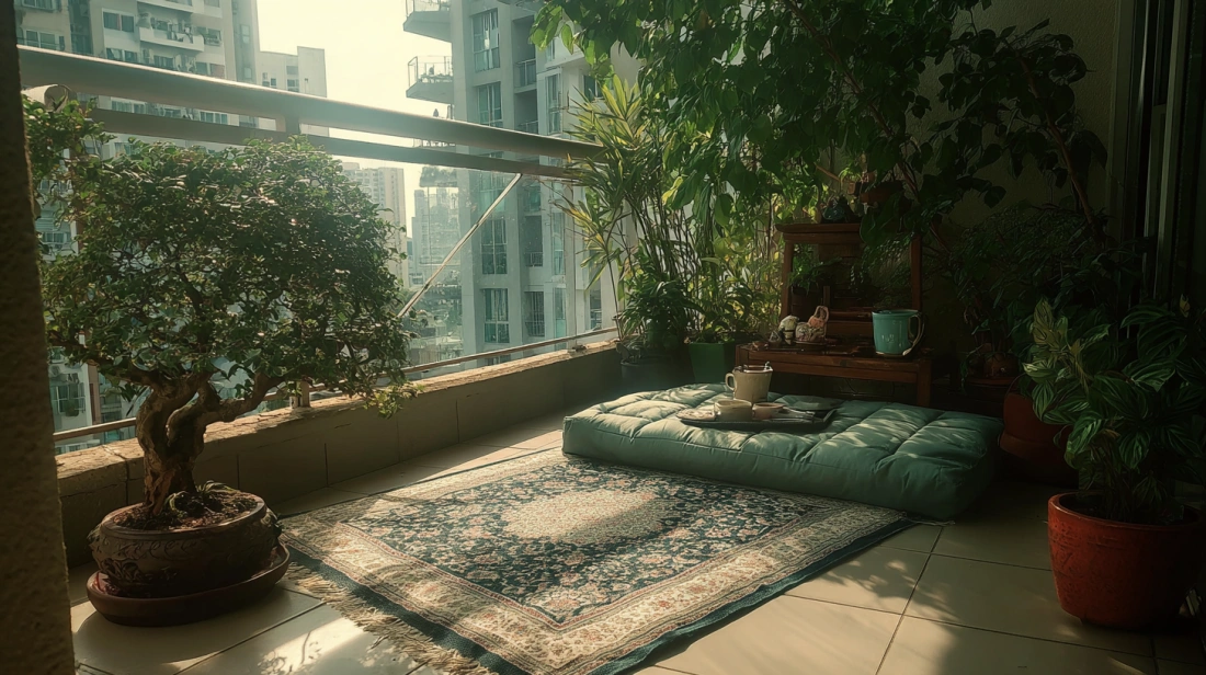 Zen balcony sitout with bonsai and mat