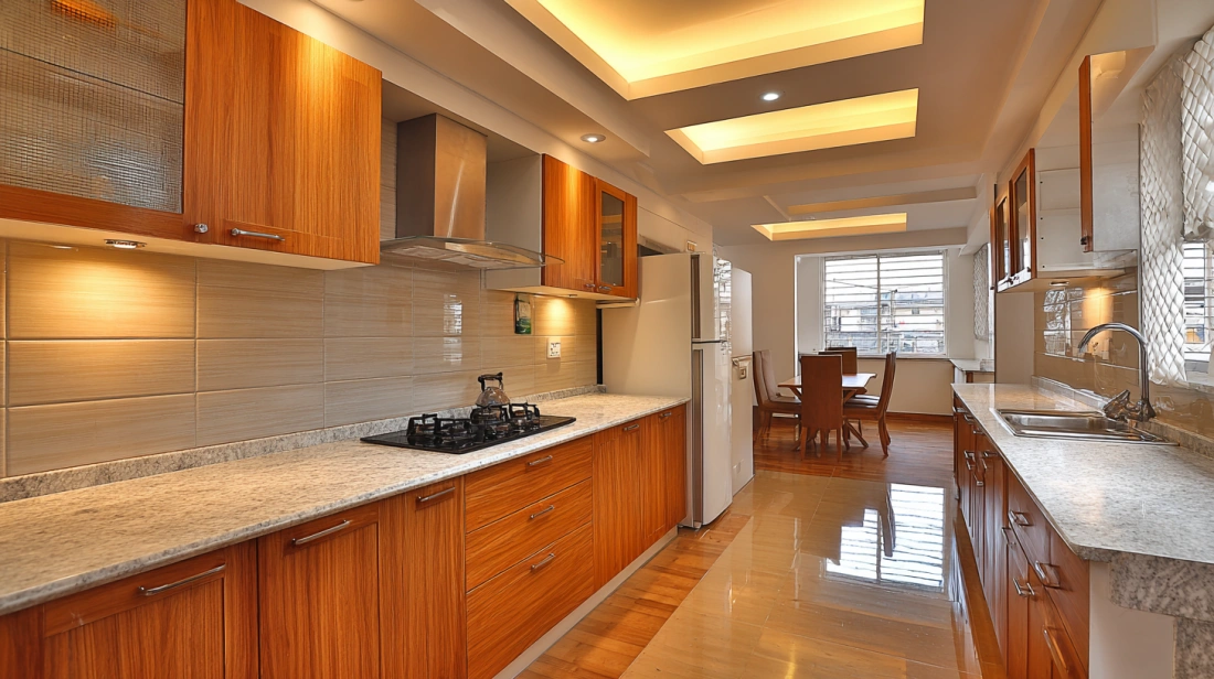 Repeating recessed ceiling light pods spanning dining space
