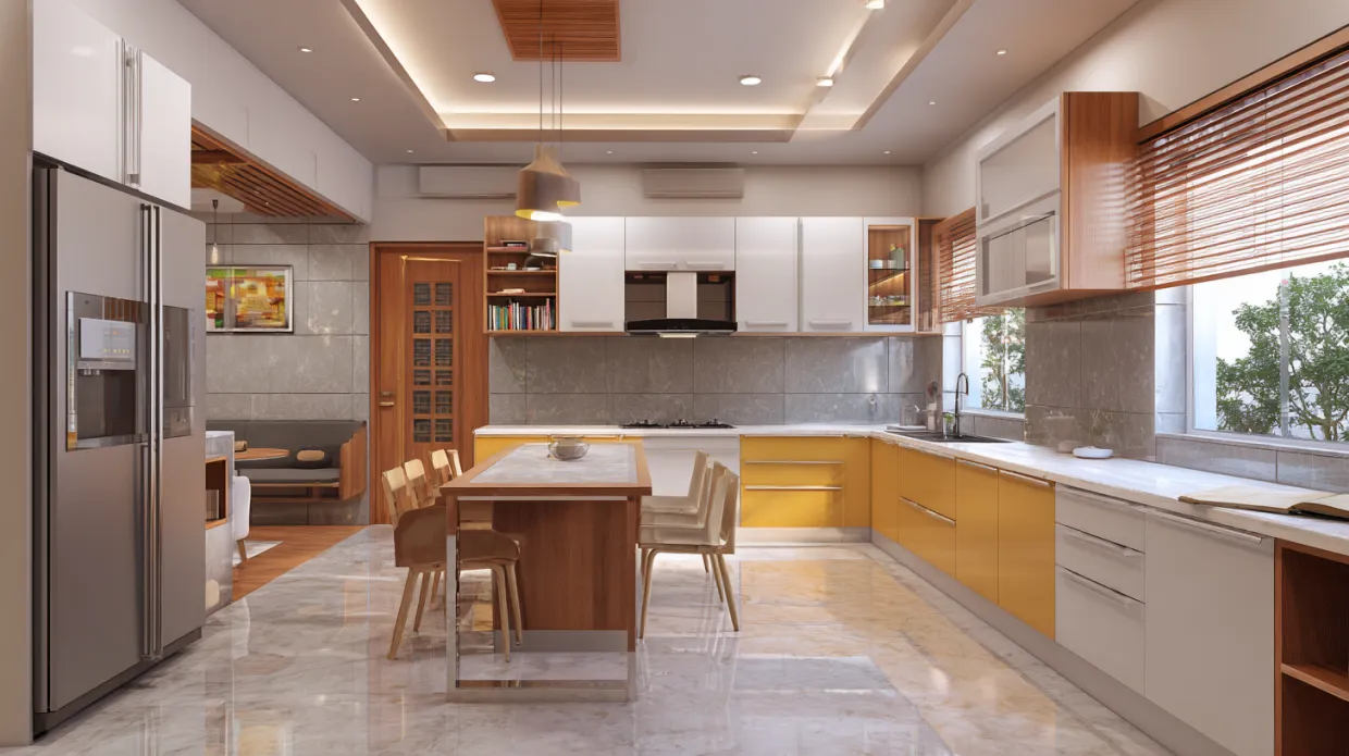 modern open kitchen with bright, airy design connected to living area