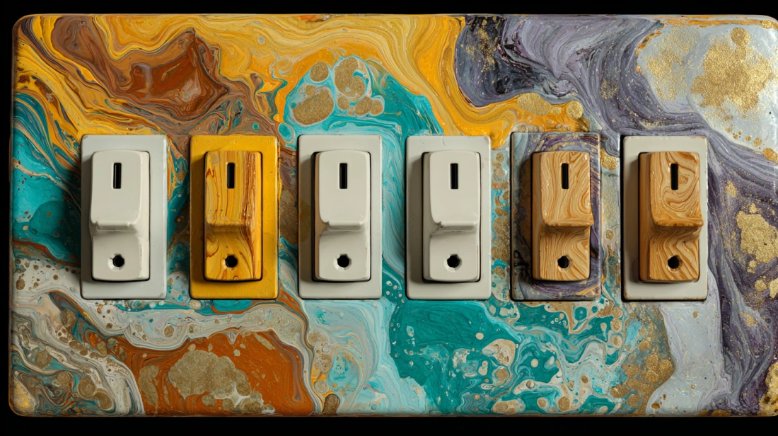 Modular switchboard featuring a vibrant, colorful fluid art finish
