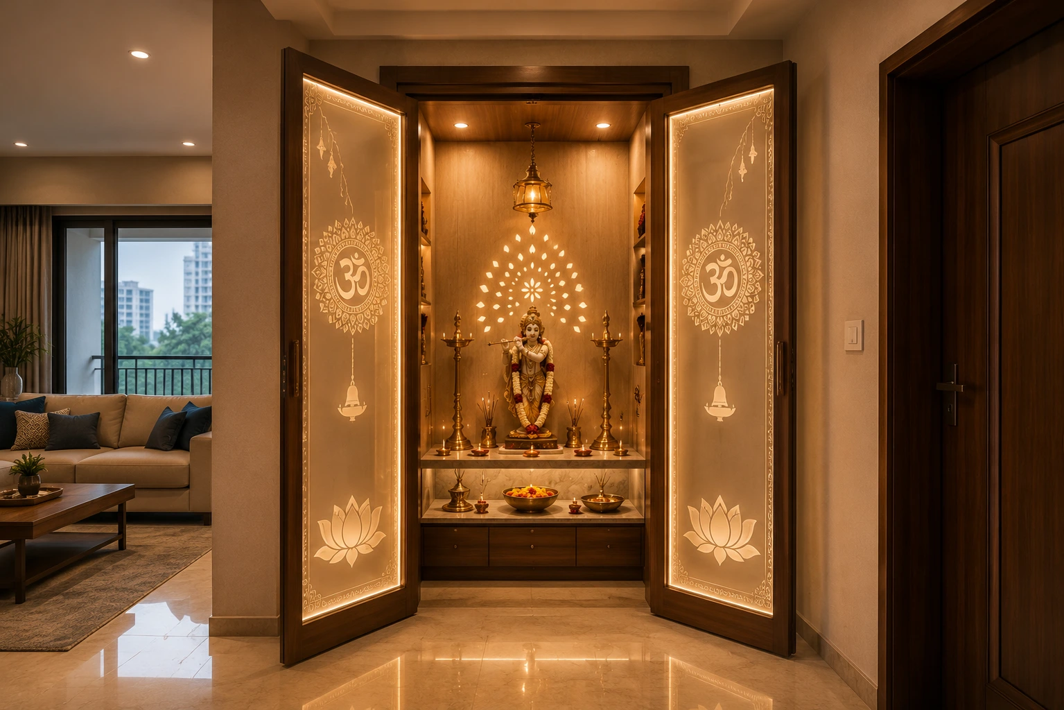 Backlit Etched Glass Pooja Door