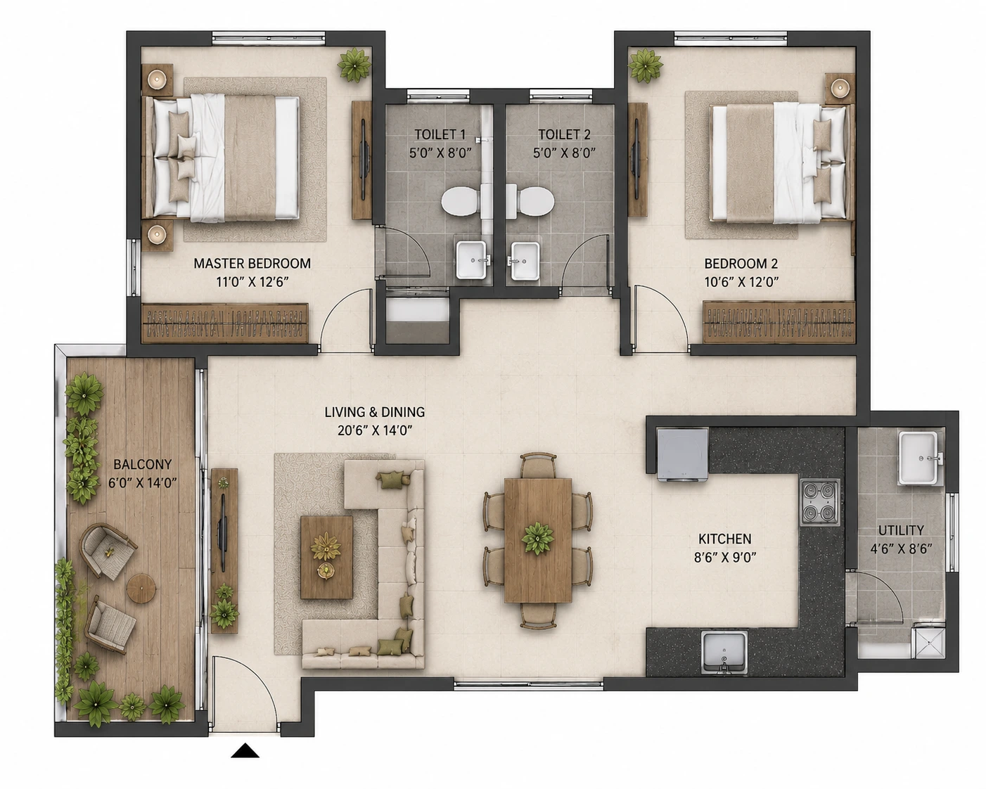 Balcony-Focused 2 Bedroom House Design