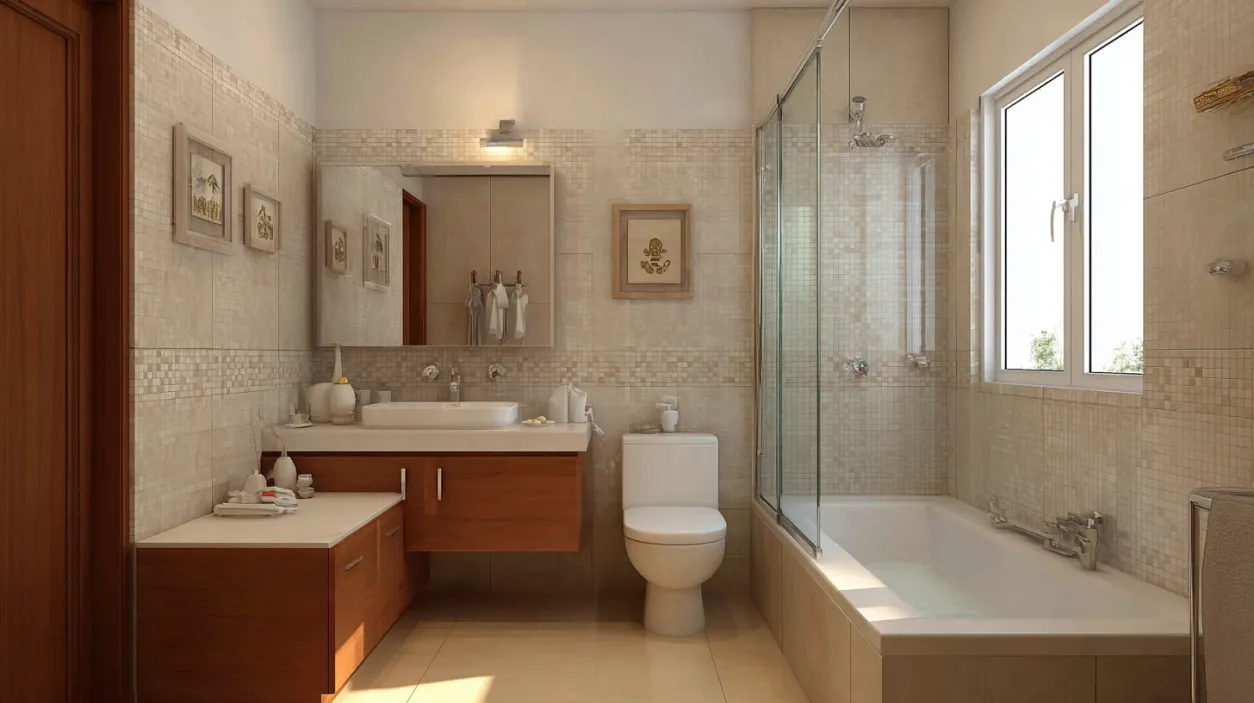 Low Budget Small House Neutral toned bathroom with a glass shower and bathtub.