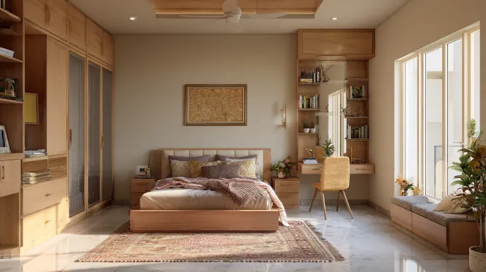 Light wood bedroom interior with built-in wardrobes.