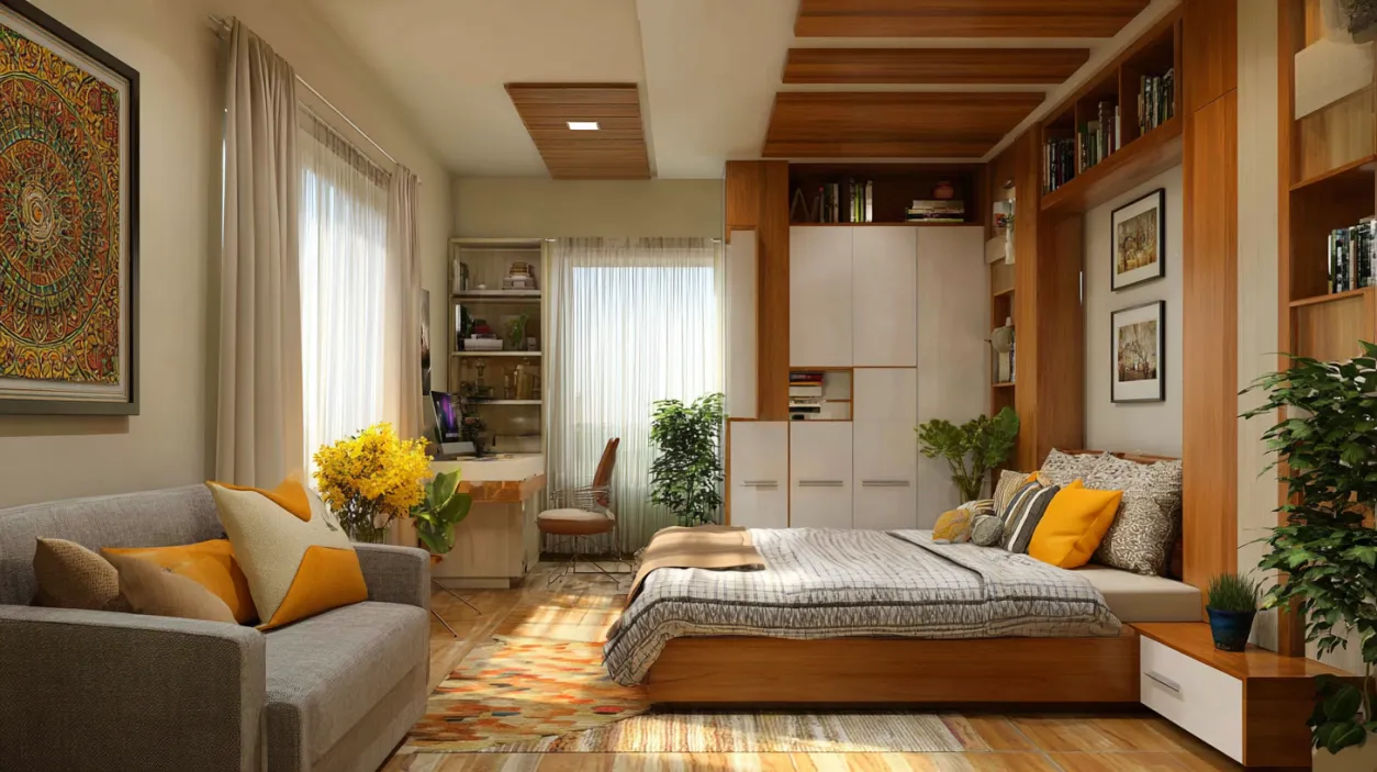 Low Budget Small House Cozy bedroom with integrated wood shelving and workspace.
