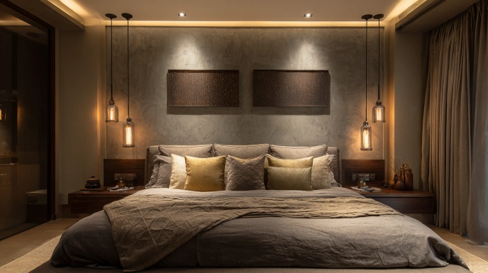 Pendant lighting and cove ceiling bedroom design