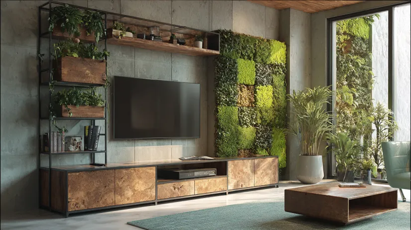 biophilic tv unit design with greenery integration