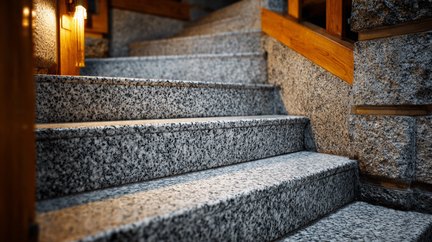 alt-and-pepper Caledonia granite staircase with wooden trim