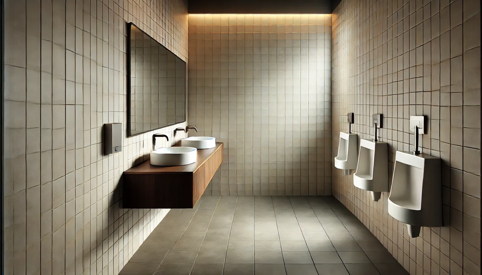 public washroom with simple ceramic tiles for a durable hall wash basin