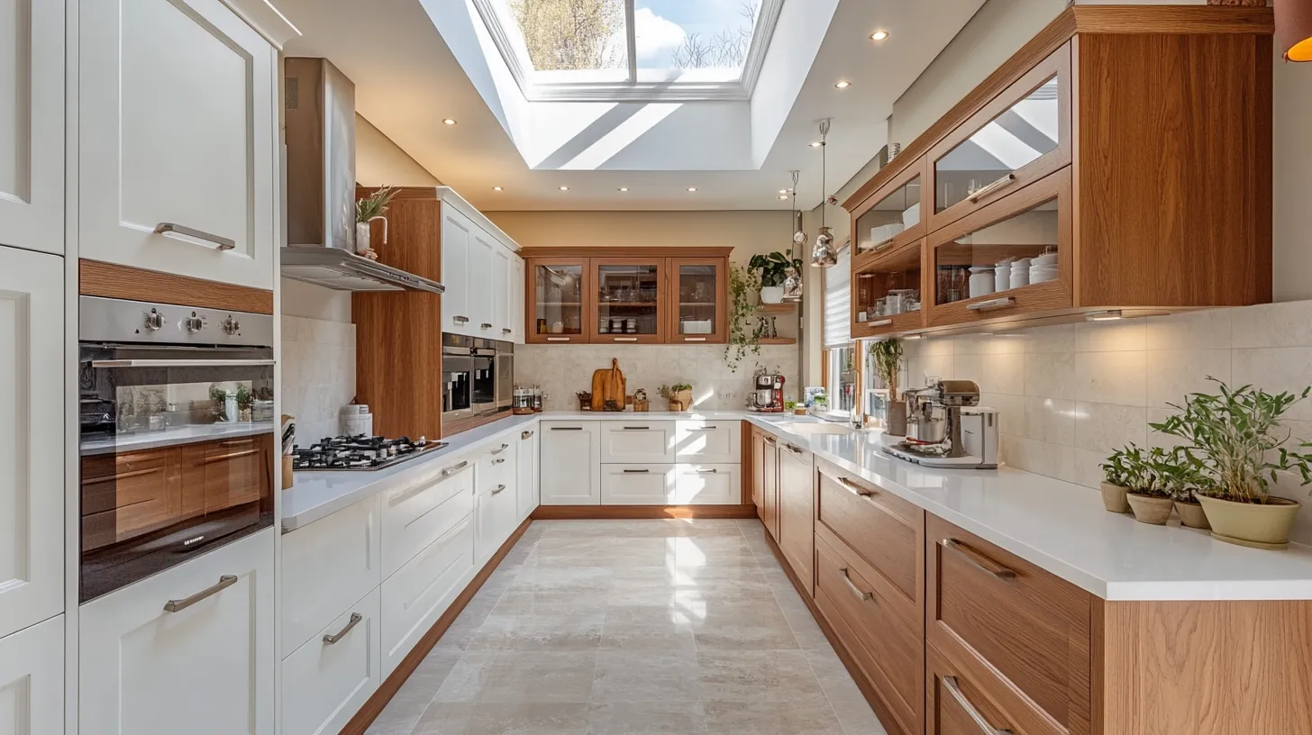 classic parallel kitchen design with skylights