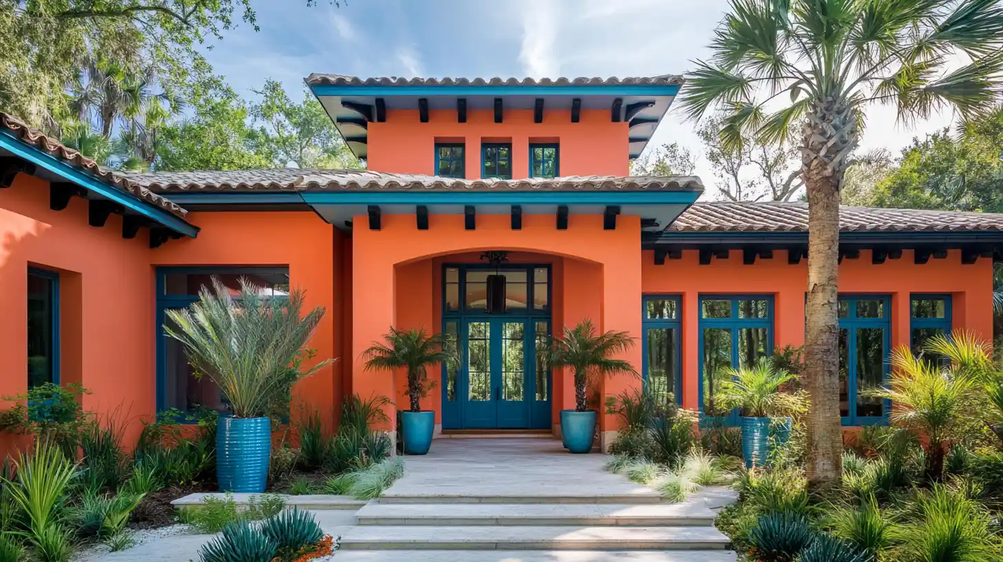 Bright orange Mediterranean house with teal trim and palm trees