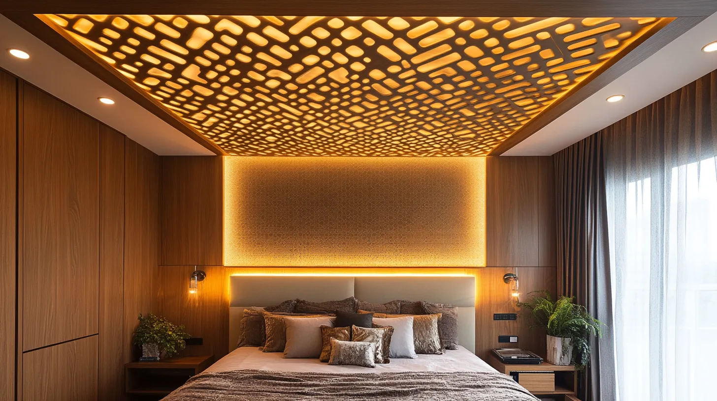 backlit cnc cutting ceiling design over modern bedroom