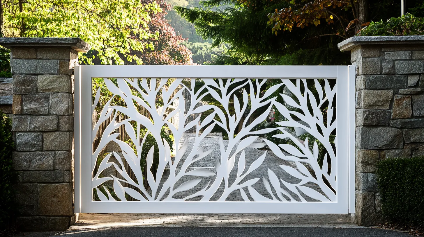 cwhite cnc cutting gate design with nature-inspired leaf pattern