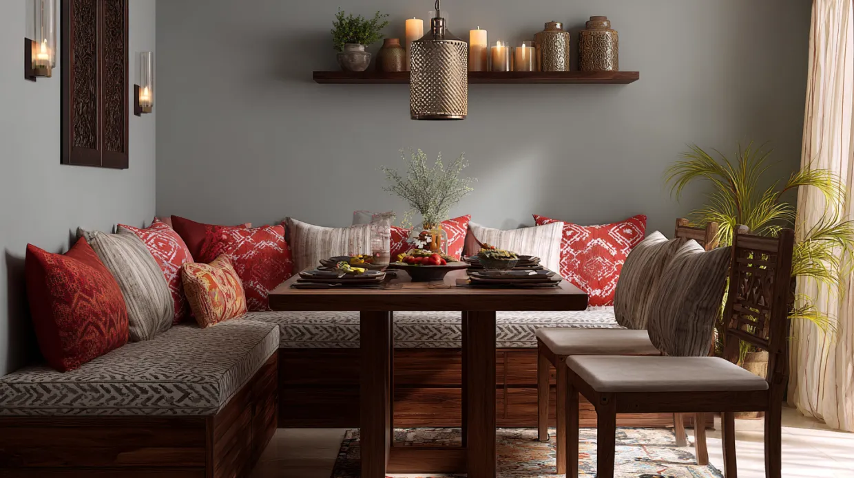 cosy dining nook design with built-in bench and soft cushions