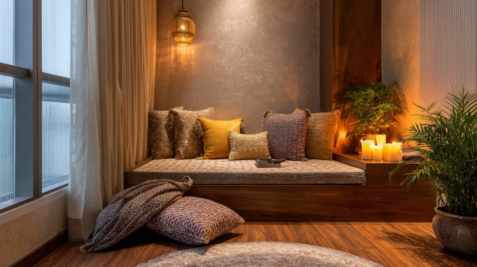 Candle nook with floor cushions in bedroom