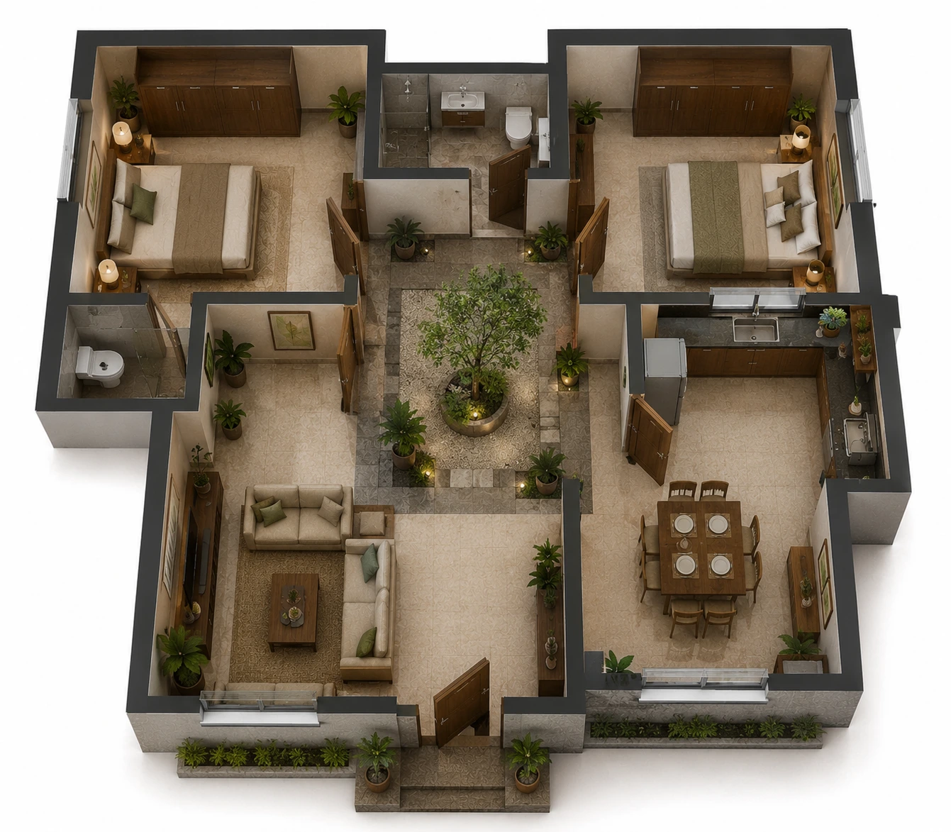 Courtyard Style 2 Bedroom Home Design