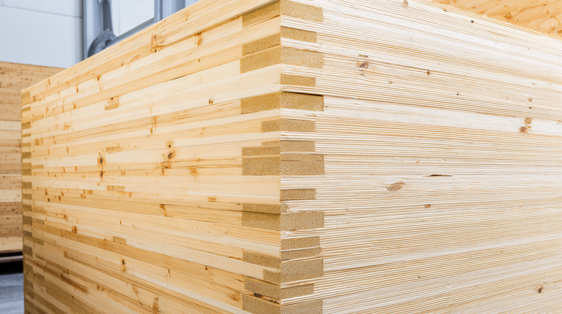 Cross-laminated timber panels with visible layered wood construction