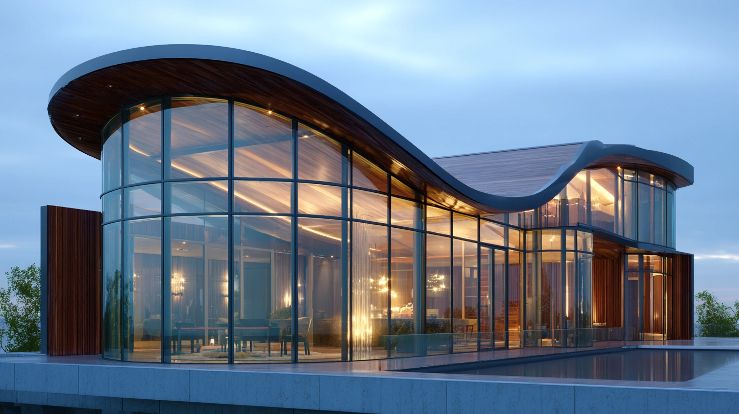 Modern wave-shaped building with massive curved glass skylight walls