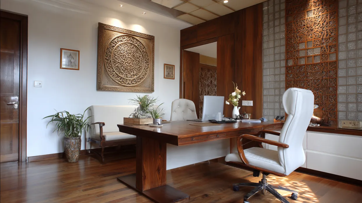 elegant wood desk with faux leather chair in bedroom office