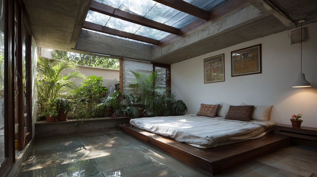 Large flat glass skylight over modern bedroom with plants