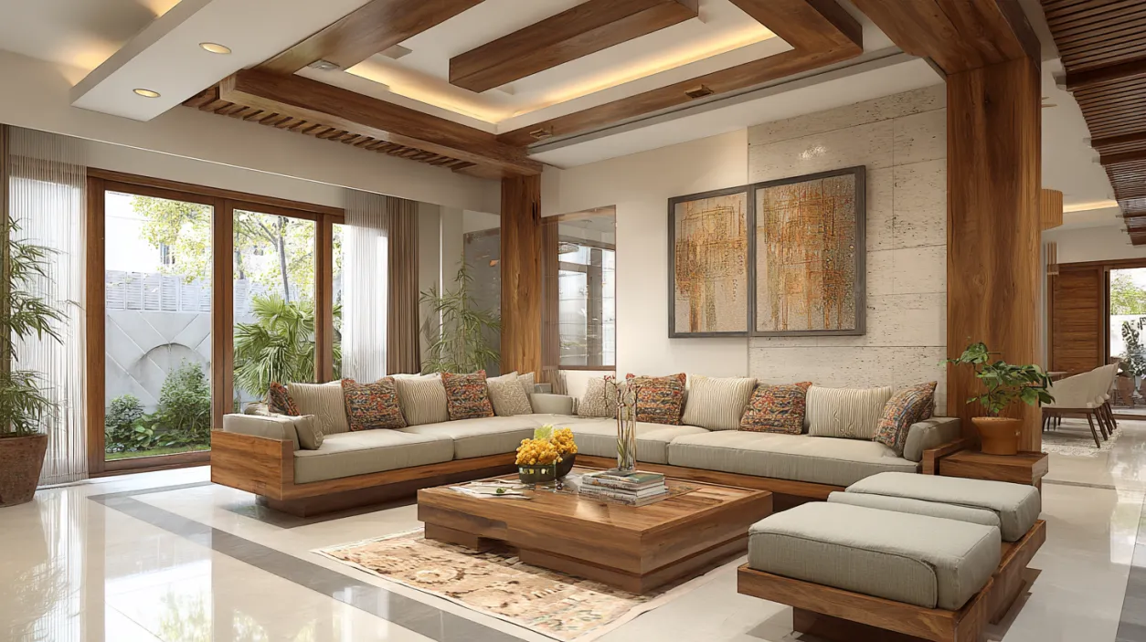 Modern luxury living room with wood ceiling and sofa.
